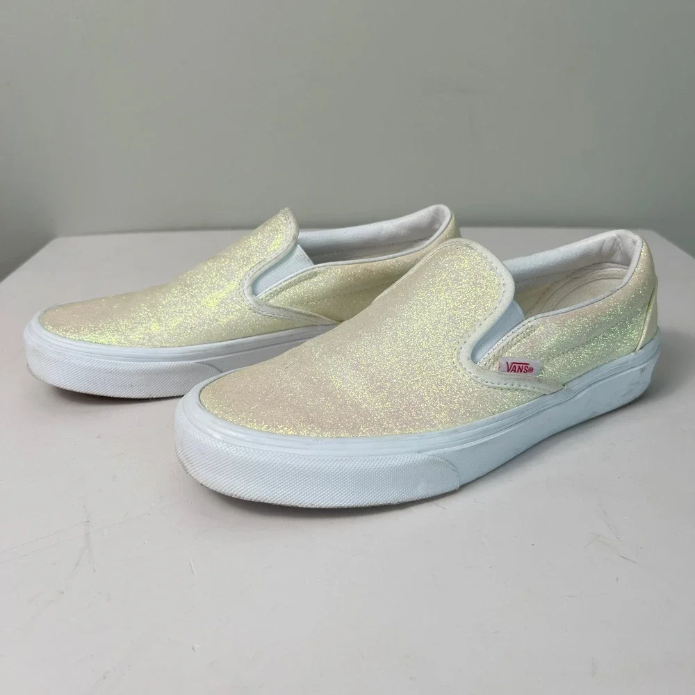 Vans Slip On Shoes Womens 8.5 Beige Shiny Glitter Sparkle Sneakers